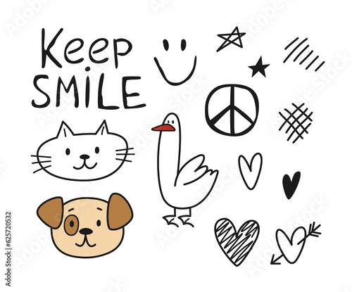 Hand drawn of doodle set. Outline cute print for wallpapers and textiles. Scribble with text and peace sign, cat and dog, ghoul and heart. Linear flat vector collection isolated on white background