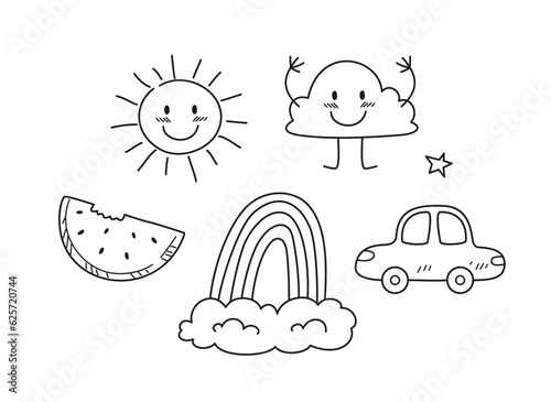 Doodle coloring page set. Cute print with smiling sun and cloud  watermelon and car  star and rainbow. Sketch with drawings in hand drawn. Linear flat vector collection isolated on white background