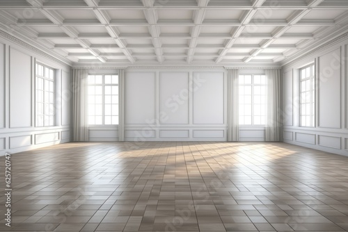 a traditional white and gray room with wooden elements and a parquet floor,