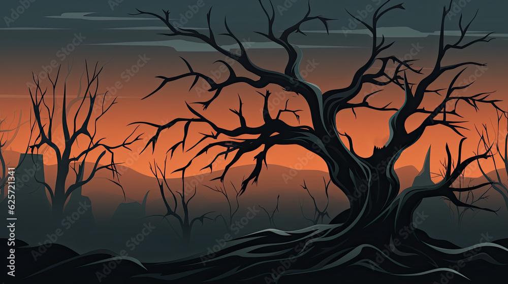 Halloween Background concept. Spooky scary tree silhouette and full moon. AI illustration..