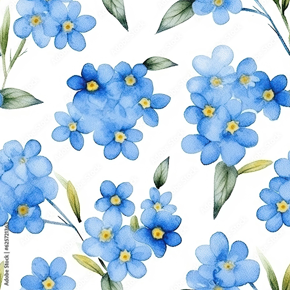 Obraz premium Seamless pattern of myosotis or forget-me-not. Summer, cute little flowers. Floral background. AI illustration for packaging, wrapping paper, wedding invitations, greeting cards, textile, web.