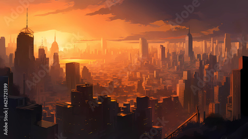 Witness the magical transformation of a modern cityscape as twilight casts its spell. The bustling streets and towering skyscrapers become bathed in the enchanting hues of the setting sun. The warm go