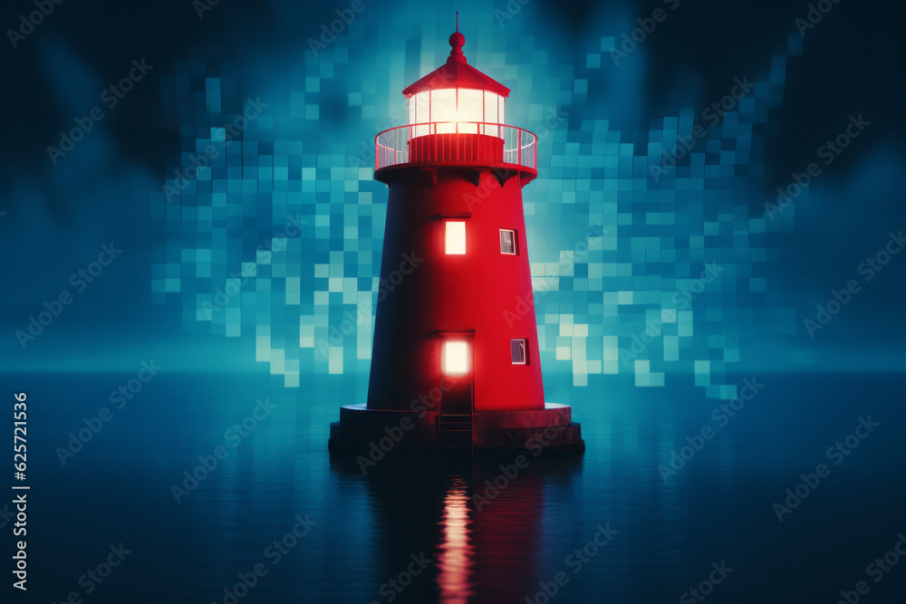Abstract information transmission tower or lighthouse as a symbol. Background with selective focus and copy space