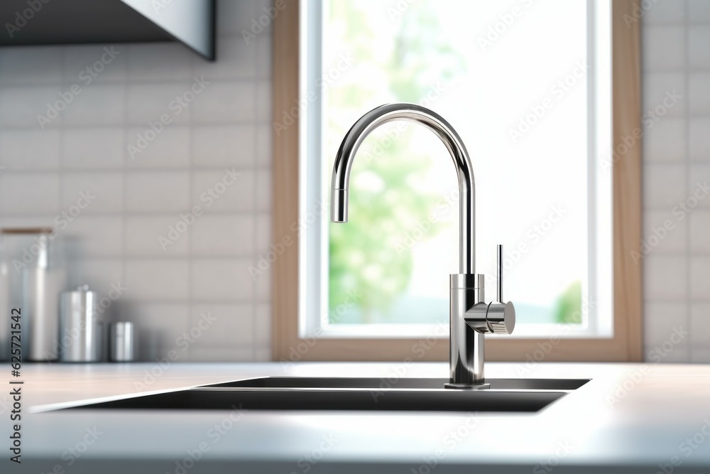 Close-up of a kitchen faucet. Modern kitchen interior design concept. AI generated, human enhanced Close-up of a kitchen faucet. Modern kitchen interior design concept. AI generated, human enhanced