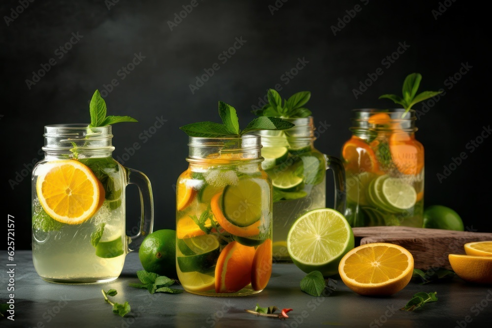 Summer healthy lemonade, cocktails of citrus infused water or mojitos. AI generated, human enhanced Summer healthy lemonade, cocktails of citrus infused water or mojitos. AI generated, human enhanced