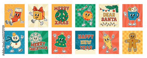 Christmas retro characters posters set. Vintage holiday greeting cards with hippie funny tree and gift, snowman and toys. Happy New Year prints. Cartoon flat vector isolated on white background