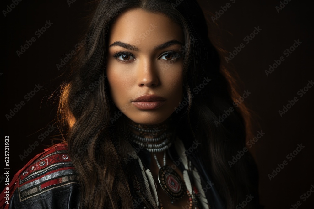A beautiful young Native American woman. The concept of Columbus day and the discovery of America. Portrait A beautiful young Native American woman. The concept of Columbus day and the discovery of America. Portrait