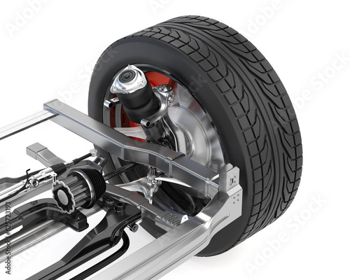 Close-up view of electric vehicles's air suspension on white background. 3D rendering image.