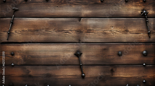Medevil style old wooden wall, with reinforcing braces and iron rivets. Rustic wood abstract background. Wide format photo