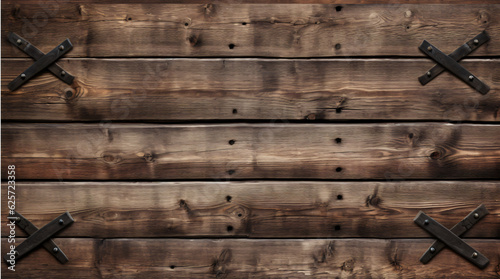 Medevil style old wooden wall, with reinforcing braces and iron rivets. Rustic wood abstract background. Wide format photo