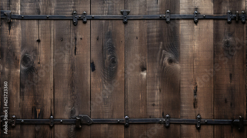 Medevil style old wooden wall, with reinforcing braces and iron rivets. Rustic wood abstract background. Wide format photo