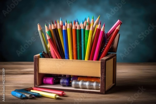 A picture of a wooden toolbox on a desk with a variety of colored pencils in a white fake frame photo