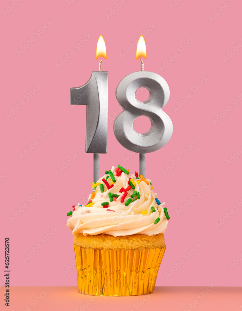 Birthday card with cupcake and candle number 18