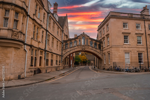 Hertford Bridge, often called the Bridge of Sighs, is a skyway joining two parts of Hertford College over New College Lane in Oxford, England, UK © Aerial Film Studio