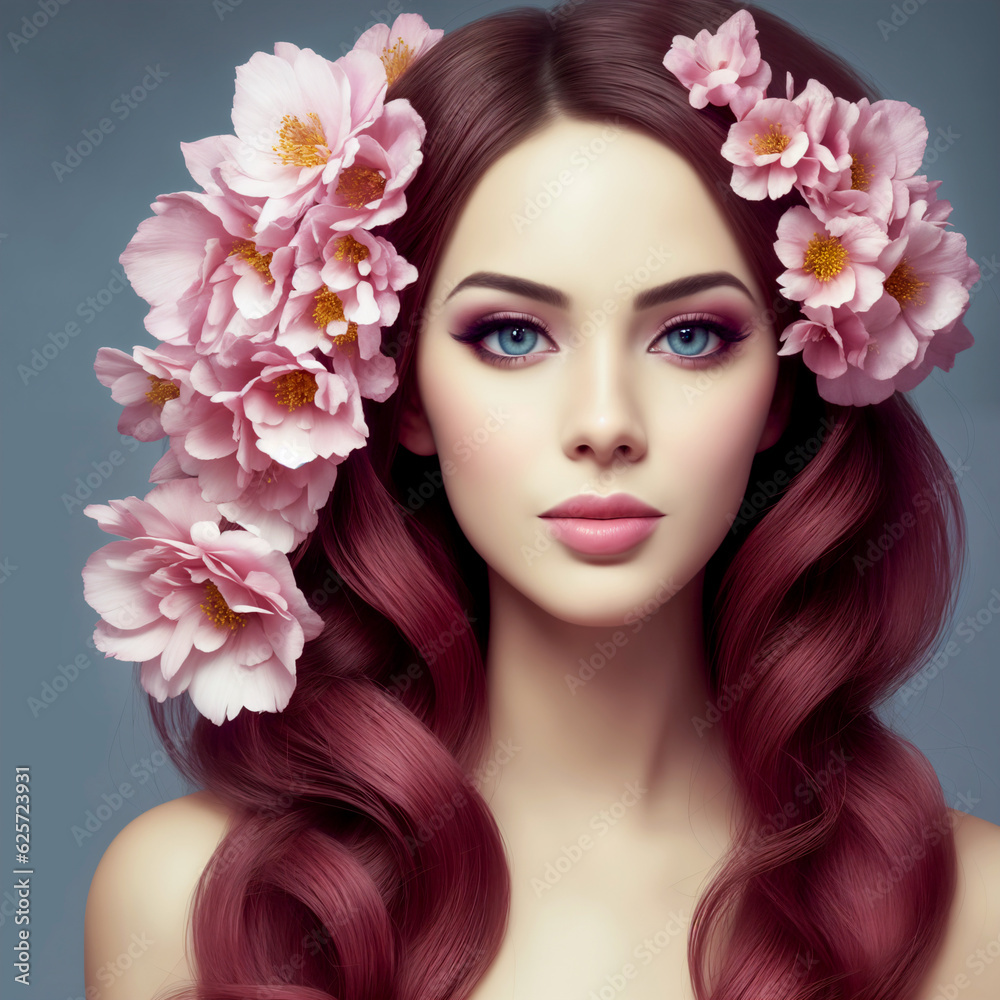 beautiful woman with flowers for advertising perfumes or cosmetics