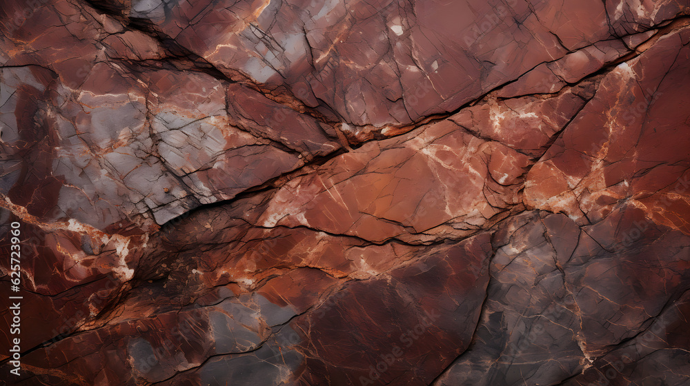 Rotbraune Felsstruktur. Rissige Bergoberfläche. Nahaufnahme. Steinhintergrund mit Platz für Design