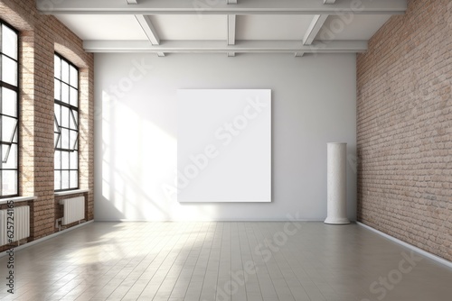 Mockup of a blank white poster on a brick wall in a newly refurbished room with a bright white wall to the right.