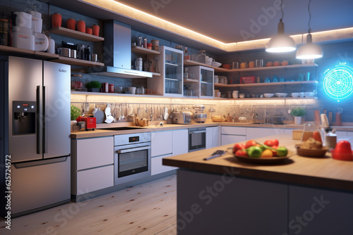 3d rendering of a modern kitchen interior design with black countertop