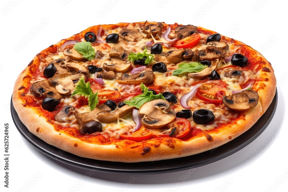 Delicious vegetarian pizza with champignon mushrooms, tomatoes, mozzarella, peppers and black olives, isolated on white background,