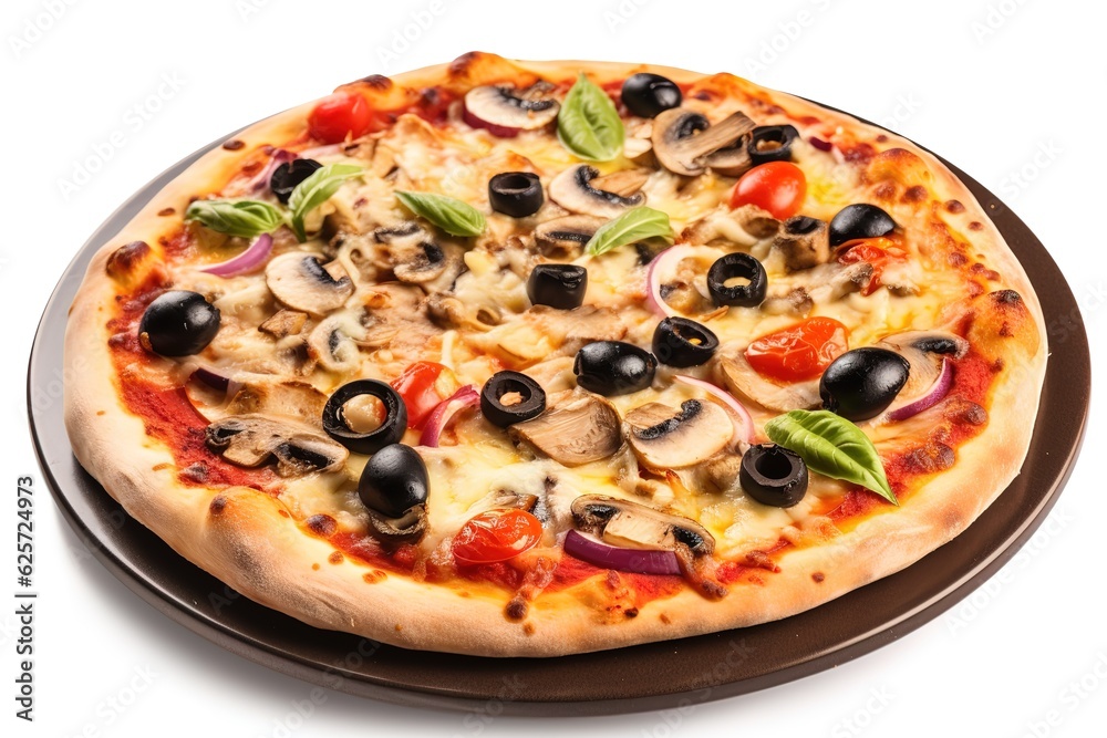 Delicious vegetarian pizza with champignon mushrooms, tomatoes, mozzarella, peppers and black olives, isolated on white background,
