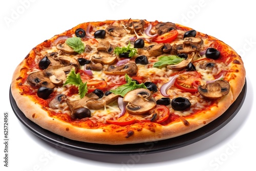 Delicious vegetarian pizza with champignon mushrooms, tomatoes, mozzarella, peppers and black olives, isolated on white background,