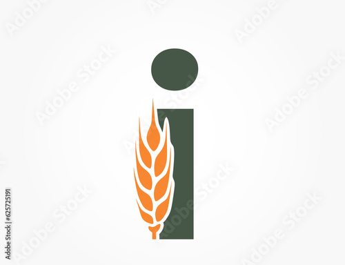 lowercase letter i with wheat ear. harvest and organic food alphabet logotype. agriculture and cereal farming design