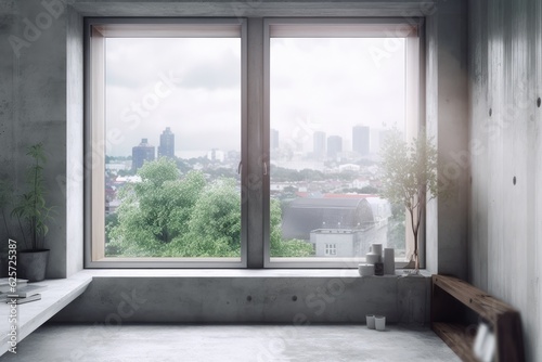 Modern concrete interior with windows  a blank wall  and a city view from the front. a mockup