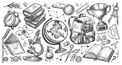 Set of school items. Vector sketch illustration in hand drawn doodle style. Back to school, concept