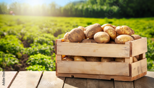 wooden box full of potatoes on table with green field on sunny day