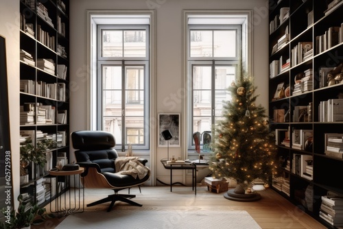 Christmas decorations can be found in a chic, modern apartment. a chair next to tasteful interior design book shelves.