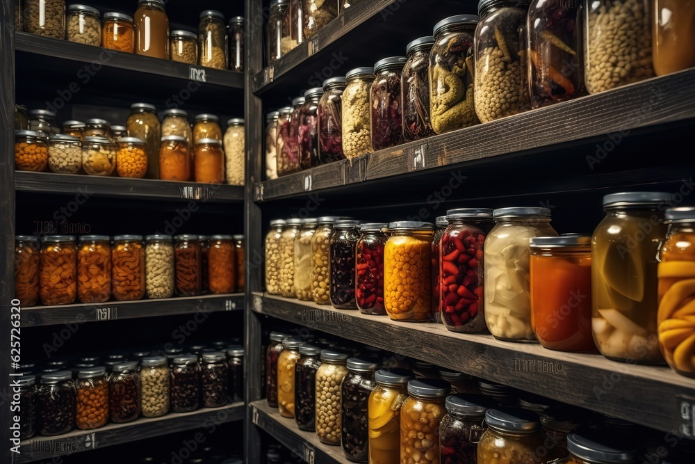 Pickled Marinated Fermented vegetables on shelves in cellar