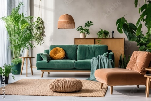 Living room decorated in stylish Scandinavian style with green velvet sofa, gold pouf, wooden furniture, plants, carpet, and faux poster frames. Template.
