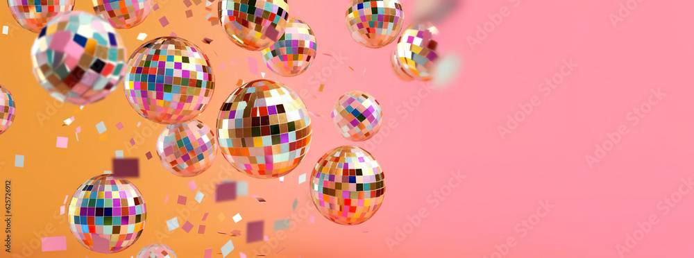 Sparkling disco balls arranged in a playful arrangement on a pastel ...