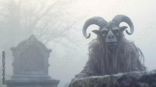In the misty graveyard  a spine-chilling creature adorned with formidable horns looms  evoking a sense of dread in this Halloween-themed illustration.