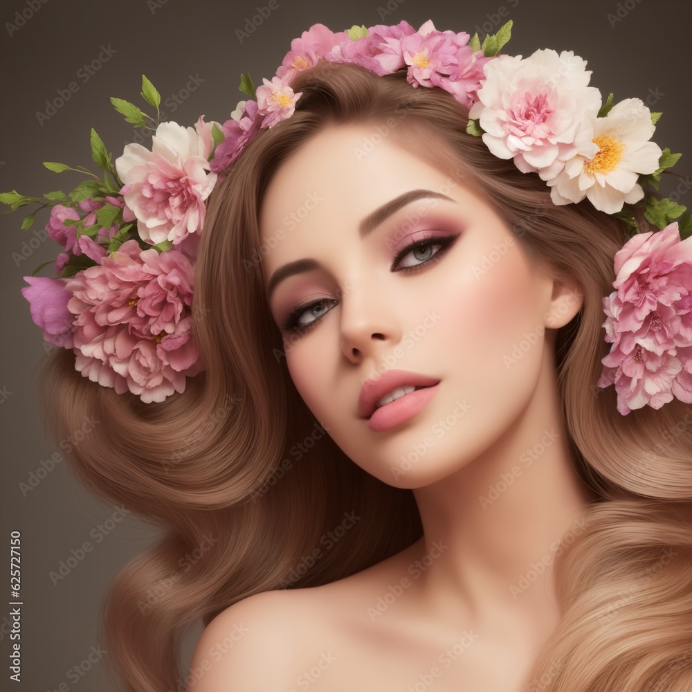 beautiful woman with flowers for advertising perfumes or cosmetics