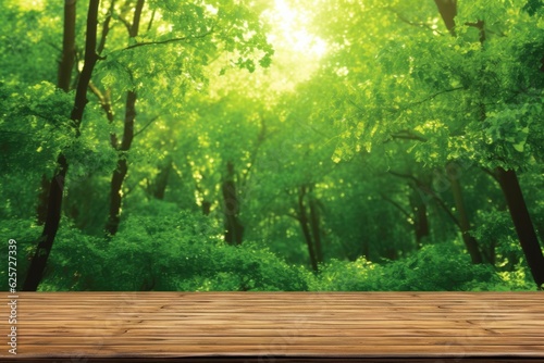 View of a tabletop made of finely constructed timber with hazy green greenery behind it for contrast.