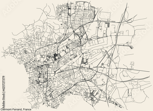 Detailed hand-drawn navigational urban street roads map of the French city of CLERMONT-FERRAND, FRANCE with solid road lines and name tag on vintage background