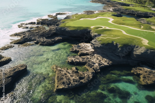 Aerial view of a beautiful golf course with green sand and rocks
