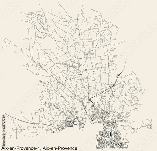 Detailed hand-drawn navigational urban street roads map of the AIX-EN-PROVENCE-1 CANTON of the French city of AIX-EN-PROVENCE, France with vivid road lines and name tag on solid background