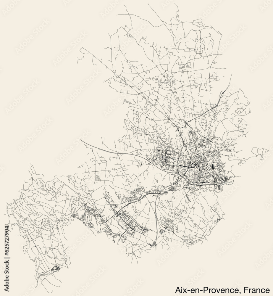 Detailed hand-drawn navigational urban street roads map of the French city of AIX-EN-PROVENCE, FRANCE with solid road lines and name tag on vintage background