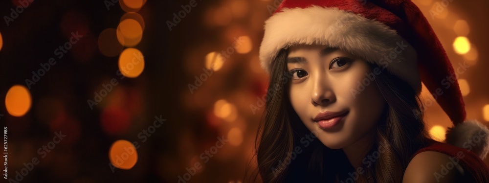 Asian beautiful woman wearing santa hat. Asian beautiful woman wearing santa hat.