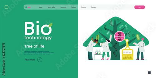 Bio Technology, Tree of life - modern flat vector concept illustration of scientists observing the tree, whose leaves represent various types of DNA. Metaphor of genetic research and diversity of life