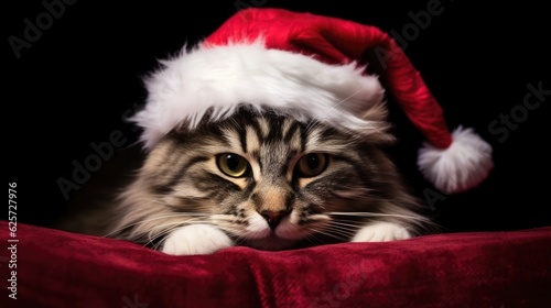 Cute kitten wearing a santa hat.