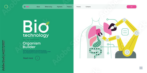 Bio Technology, Organism Builder -modern flat vector concept illustration of robot assembling organism using blocks, parts representing organ systems. Metaphor of regenerative medicine and 3D printing