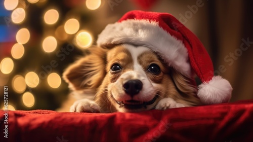 Cute dog wearing a santa hat.