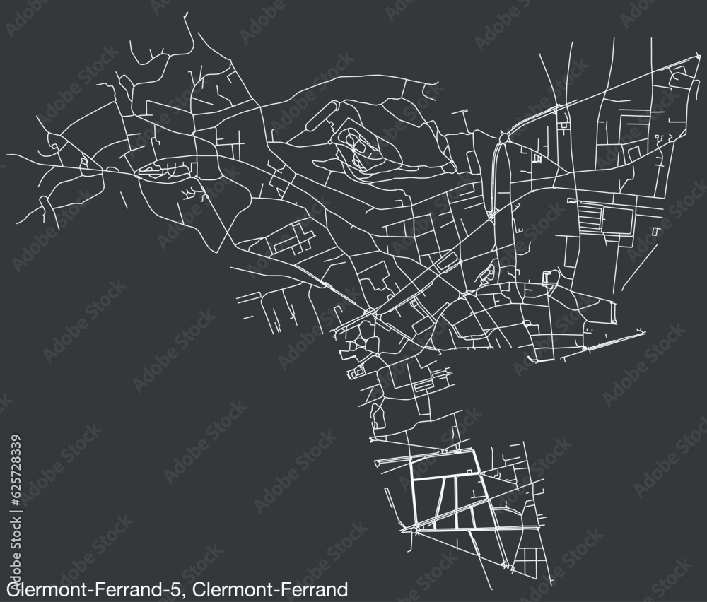 Detailed hand-drawn navigational urban street roads map of the CLERMONT-FERRAND-5 CANTON of the French city of CLERMONT-FERRAND, France with vivid road lines and name tag on solid background Detailed hand-drawn navigational urban street roads map of the CLERMONT-FERRAND-5 CANTON of the French city of CLERMONT-FERRAND, France with vivid road lines and name tag on solid background