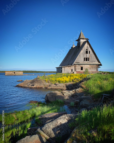 Church on the shore of the White Sea near Rabocheostrovsk  Russia  June 2019