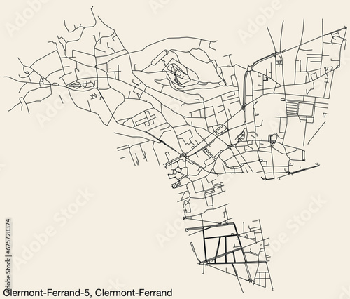 Detailed hand-drawn navigational urban street roads map of the CLERMONT-FERRAND-5 CANTON of the French city of CLERMONT-FERRAND, France with vivid road lines and name tag on solid background