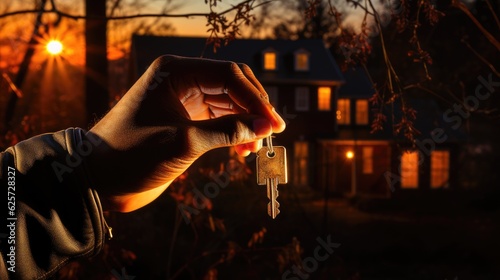 A hand holding a key, poised in front of a beautiful house nestled in a desirable neighborhood.