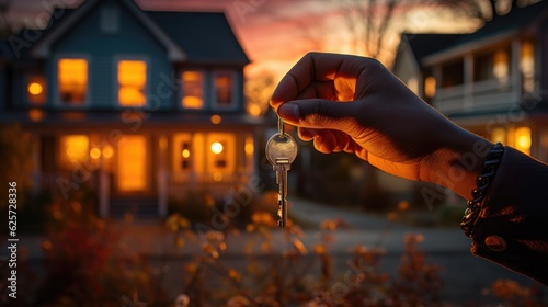 A hand holding a key, poised in front of a beautiful house nestled in a desirable neighborhood.